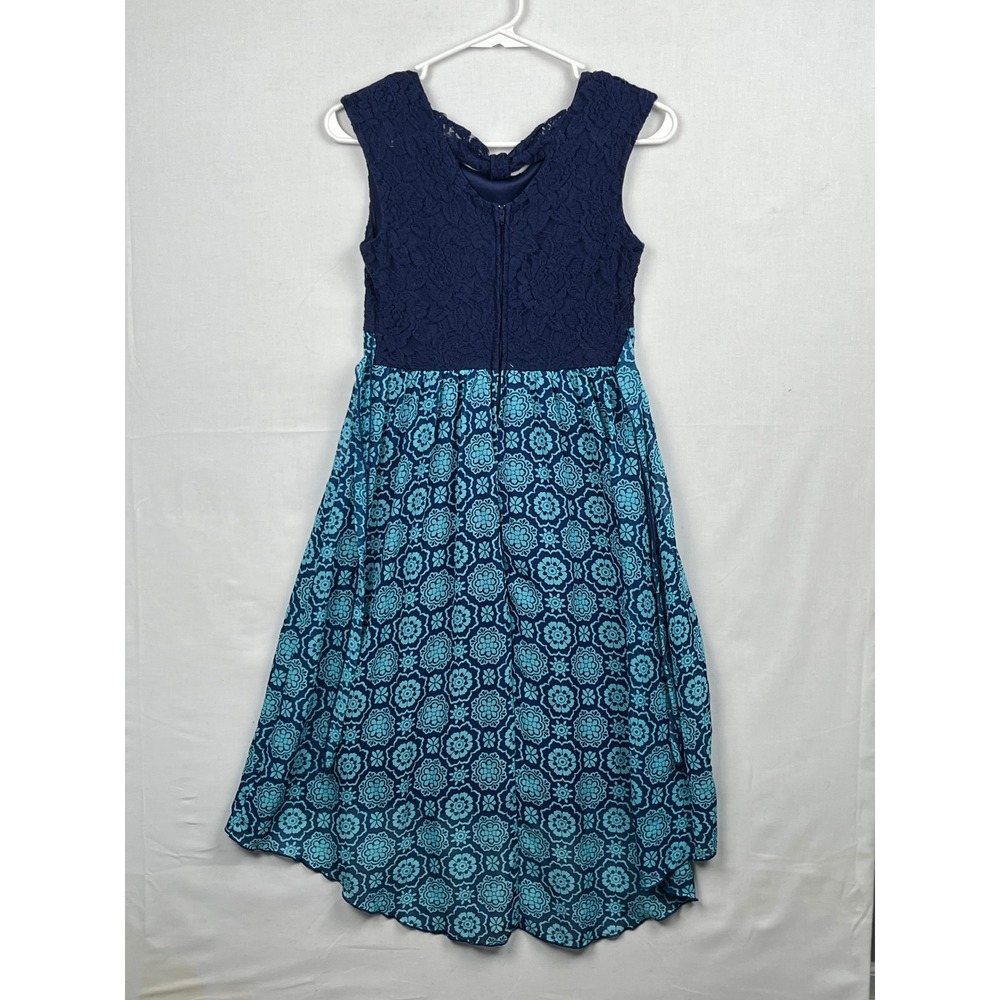 Speechless Girls Dress Size 16 Navy Blue Lace Teal Floral High Low Sleeveless